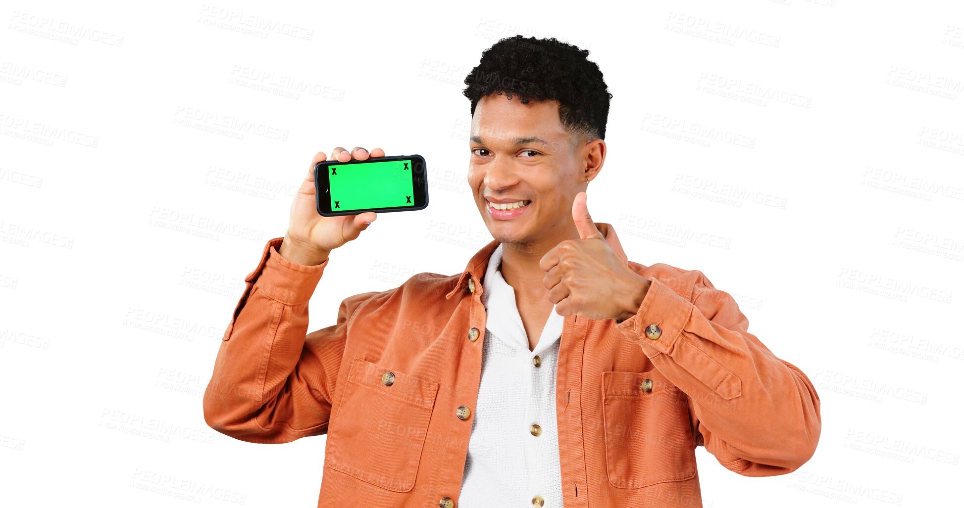 Buy stock photo Green screen phone, thumb up or portrait of happy man for promotion, approval or thank you. Transparent png background, social media or isolated person with hand sign for agreement or mobile space