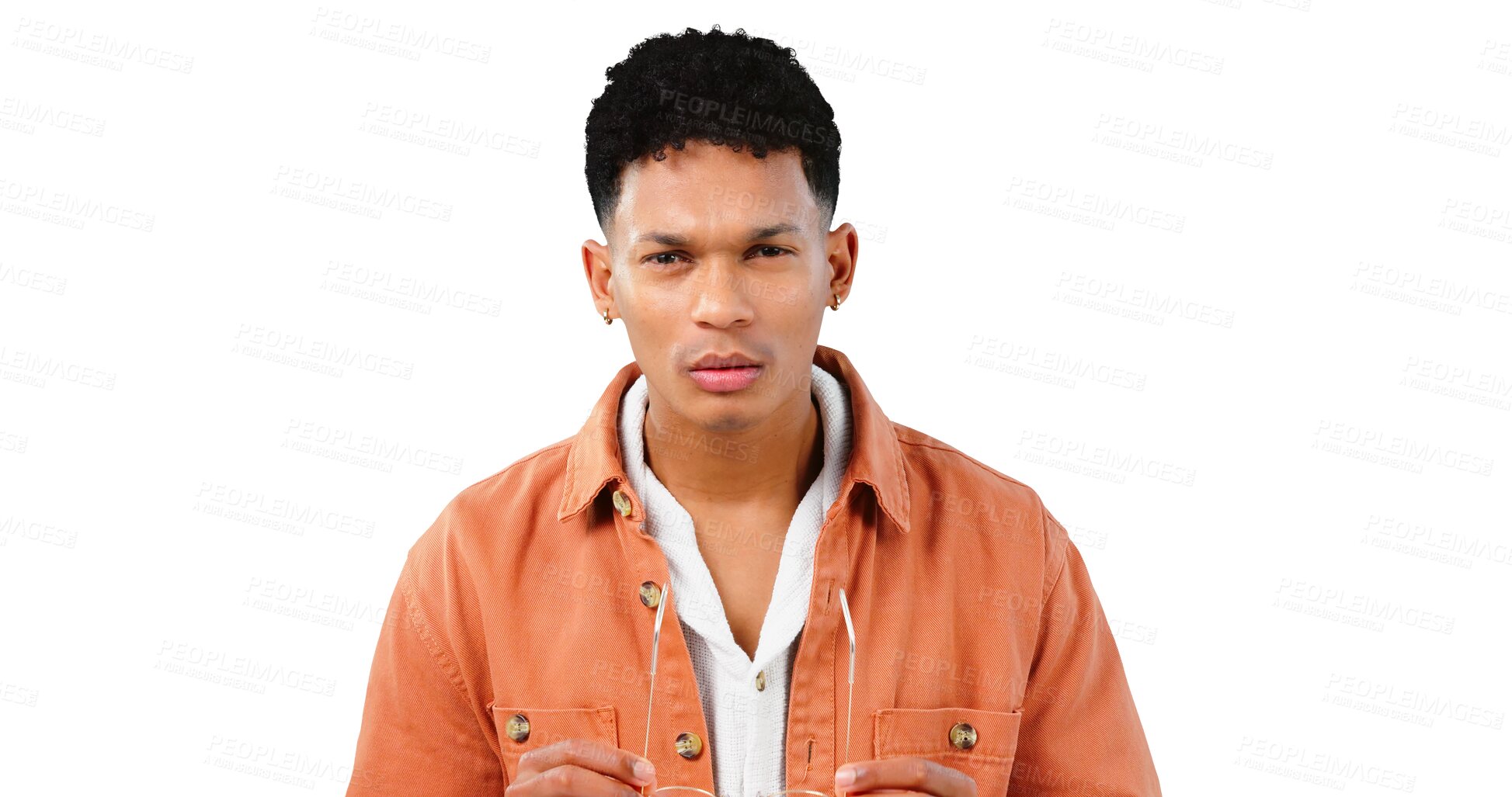 Buy stock photo Portrait, man and confused with thinking in doubt, mindset and problem on isolated, transparent png background. Brazil, question and decision with face of person in concentration and choice  