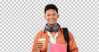 Buy stock photo Student, coffee or portrait of happy man with books and bag for university or college education. Transparent PNG background, smile or isolated person with headphones, notebooks or pride for learning