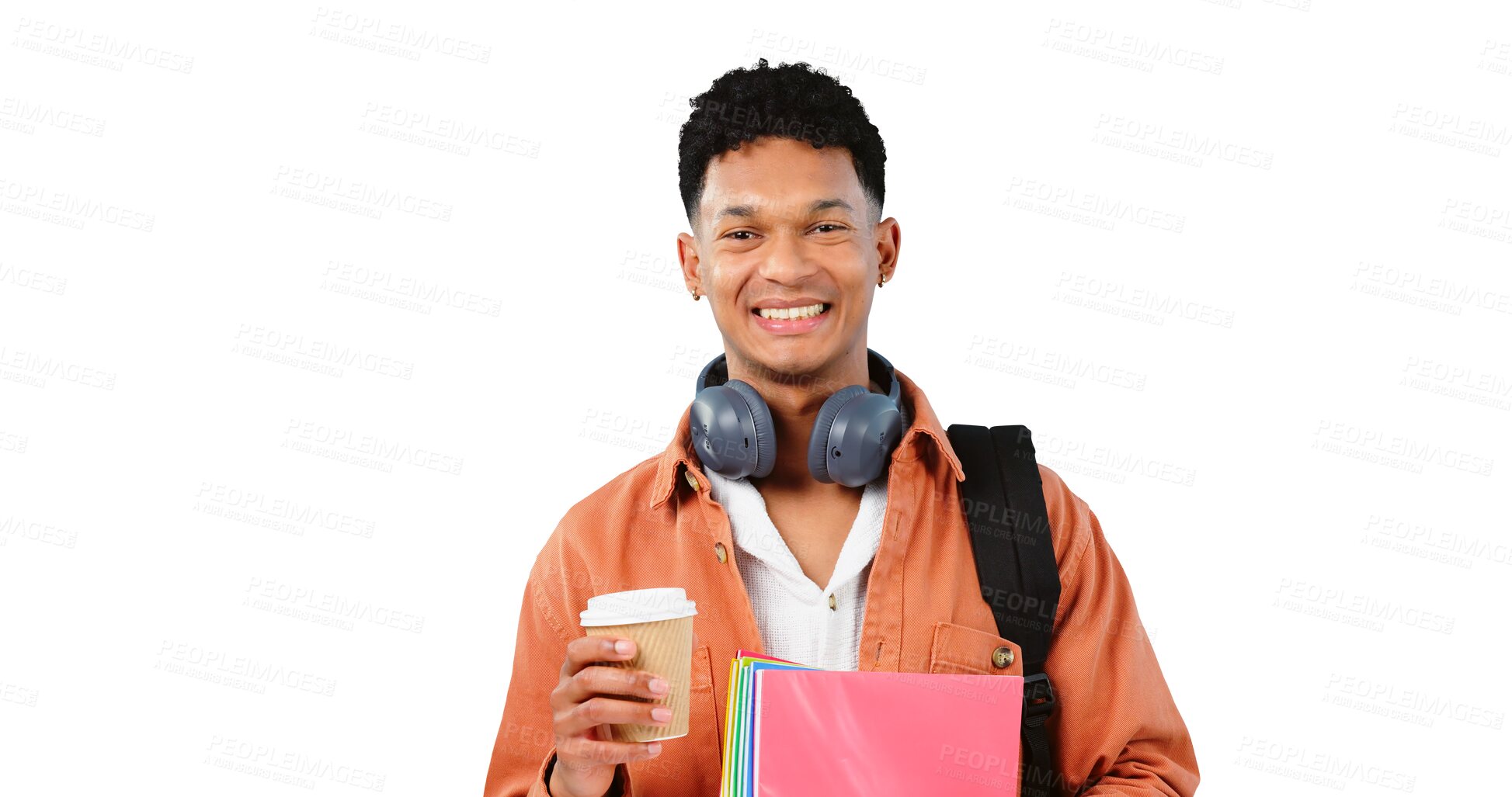 Buy stock photo Student, coffee or portrait of happy man with books and bag for university or college education. Transparent PNG background, smile or isolated person with headphones, notebooks or pride for learning