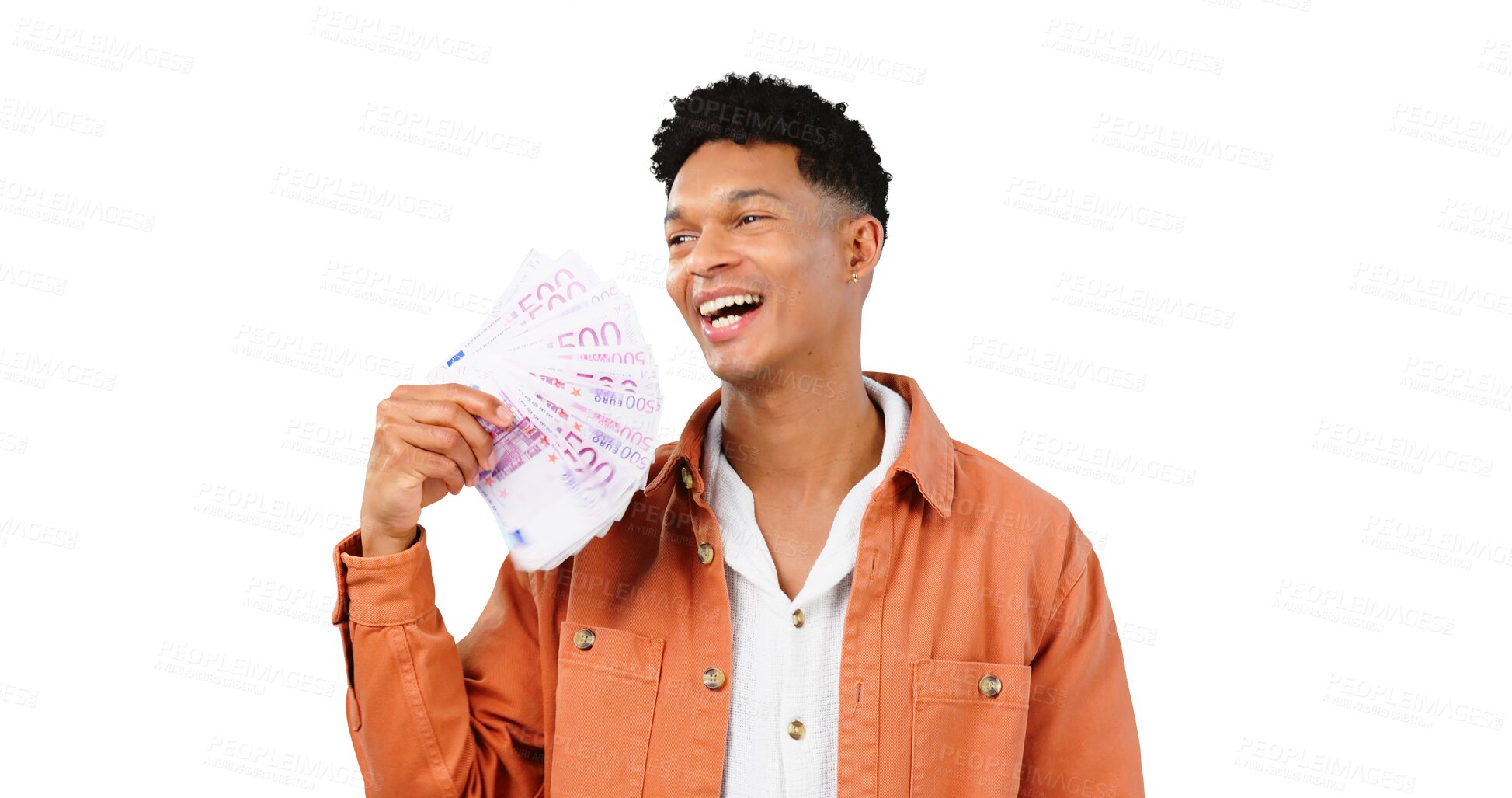 Buy stock photo Happy man, winner or money fan with bonus, success or smile for college loan prize or cashback. Excited student thinking of cash, savings or scholarship funding isolated on transparent png background