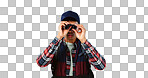 Man, binoculars and studio for hiking, watch and vision for travel adventure, safari or holiday by blue background. Person, tools and gear for sightseeing, camping and trekking  on tourism vacation