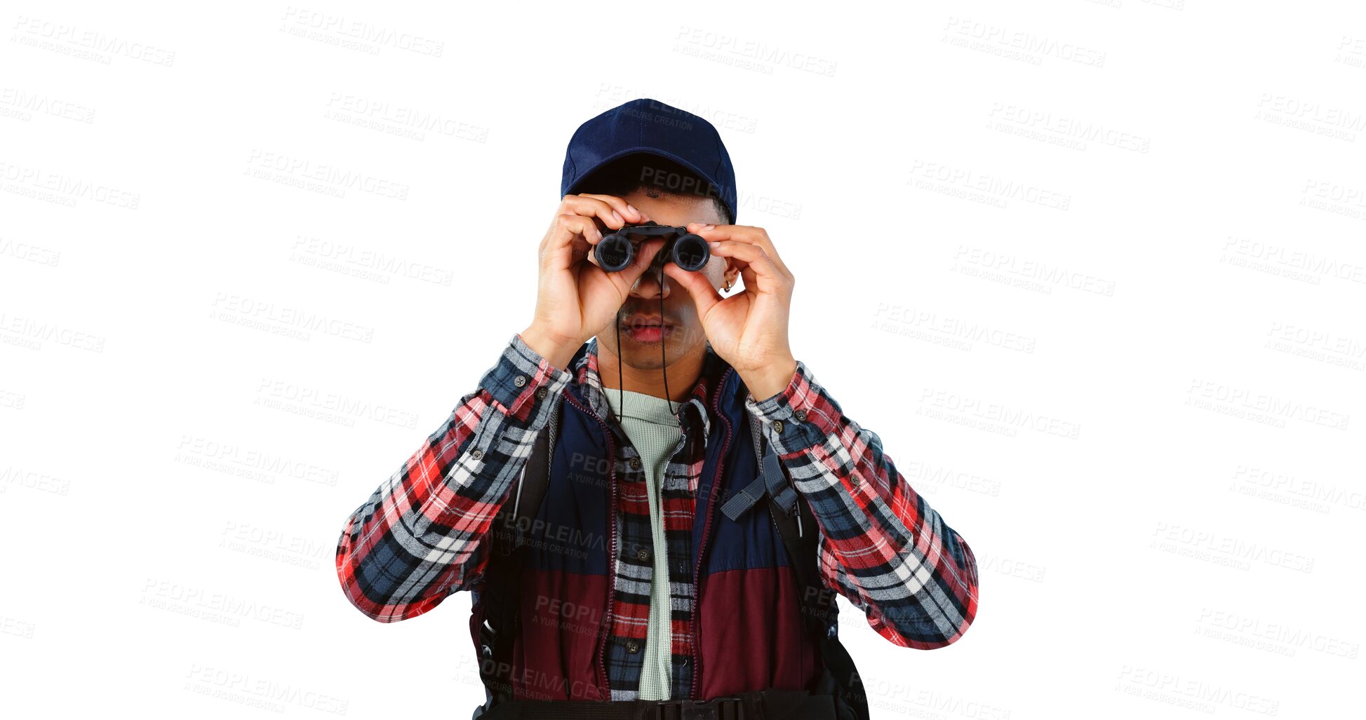 Buy stock photo Man, hiking and binoculars to watch, travel and vision on adventure for tourism isolated on a transparent png background. Person, trekking and telescope for discovery, journey and search on vacation