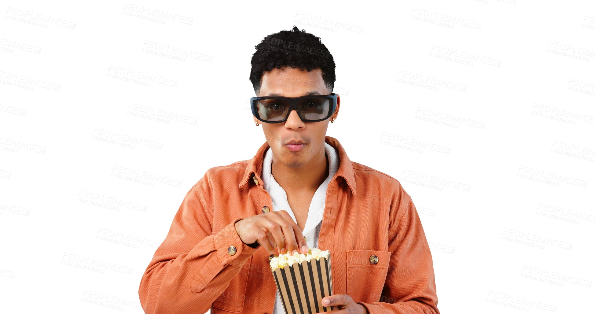 Buy stock photo Eating, 3d or man with popcorn for movie with snack for watching tv or film with streaming technology. Video, transparent png background or person in modern glasses for cinema or fun show in theatre