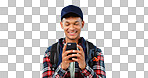 Hiking, smile and typing with man, smartphone and internet on a blue studio background. Person, hiker and model with a cellphone, mobile user and contact with email, mockup space and website info