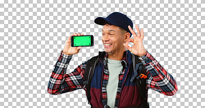 Buy stock photo Green screen, man and smartphone for travel with ok for review, agreement and approval online. Male hiker, cellphone and information with happy gesture on isolated, transparent and png background