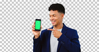 Buy stock photo Business man, phone green screen and pointing, marketing and isolated on transparent png background. Male person, presentation and mobile app for website, mockup space and direction for promotion