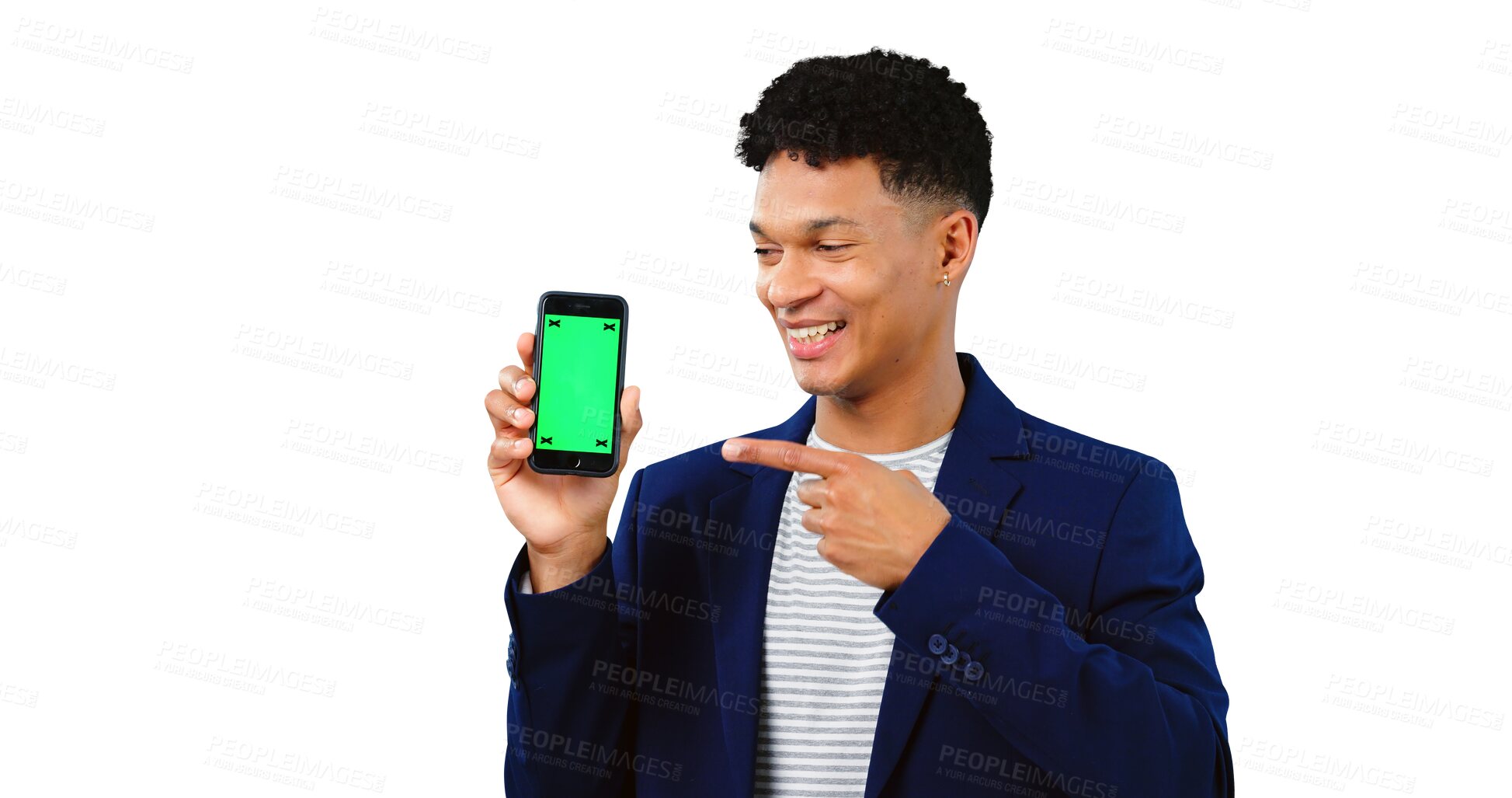 Buy stock photo Business man, phone green screen and pointing, marketing and isolated on transparent png background. Male person, presentation and mobile app for website, mockup space and direction for promotion