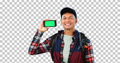 Buy stock photo Hiking, green screen and man with a smartphone, portrait and isolated on transparent png background. Male person, adventurer and mockup space for website on travel, mobile app and smile for marketing