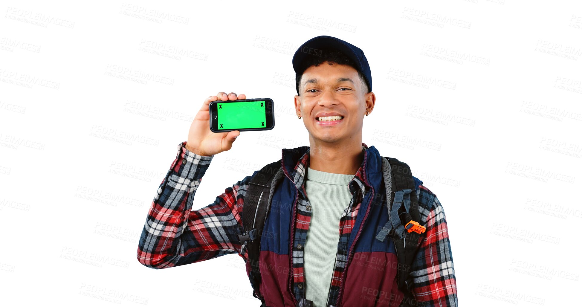 Buy stock photo Hiking, green screen and man with a smartphone, portrait and isolated on transparent png background. Male person, adventurer and mockup space for website on travel, mobile app and smile for marketing