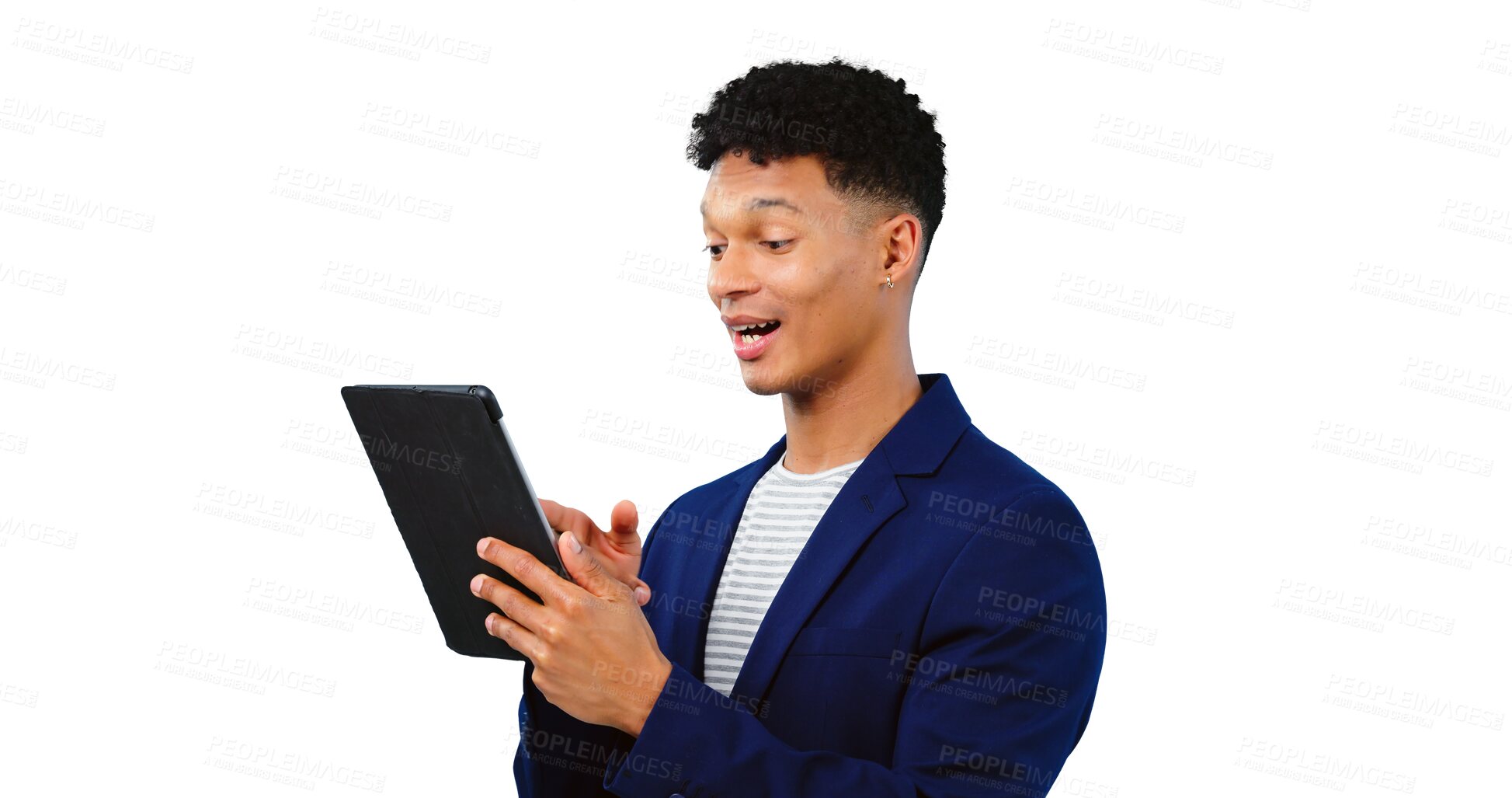 Buy stock photo Man, browse and tablet for business email and research, app and isolated on transparent png background. Male person, professional and reading information on website, notification and social media