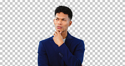 Buy stock photo Confused, thinking and businessman isolated in background, transparent png and decision for brainstorming. Person, question and planning for idea, solution and professional suit as creative for job