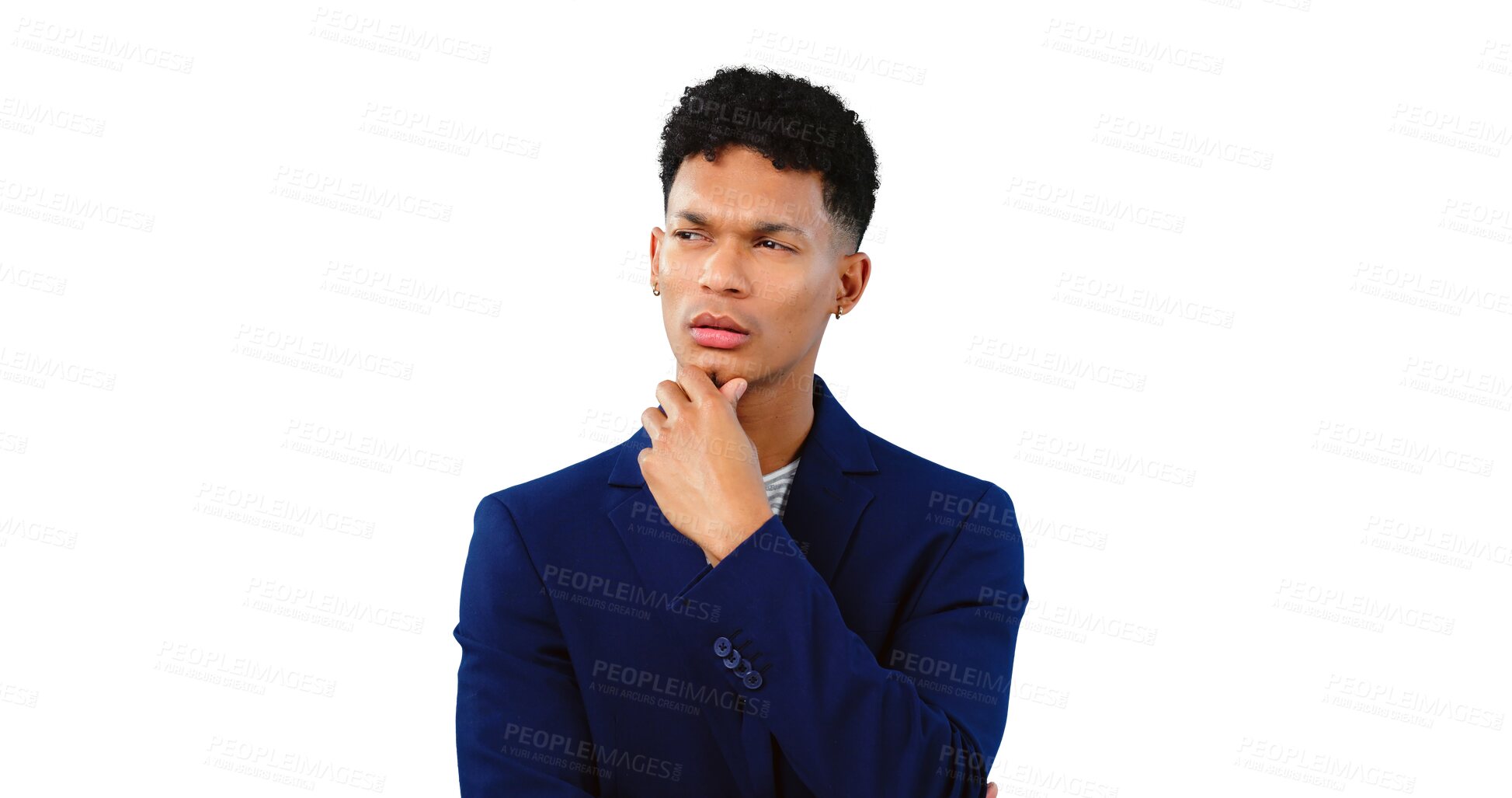 Buy stock photo Confused, thinking and businessman isolated in background, transparent png and decision for brainstorming. Person, question and planning for idea, solution and professional suit as creative for job