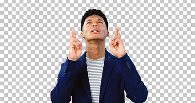 Buy stock photo Business man, fingers crossed and hope with praying for promotion, deal results with anxiety and nervous. Emoji, wish for miracle in career and employee isolated on png transparent background