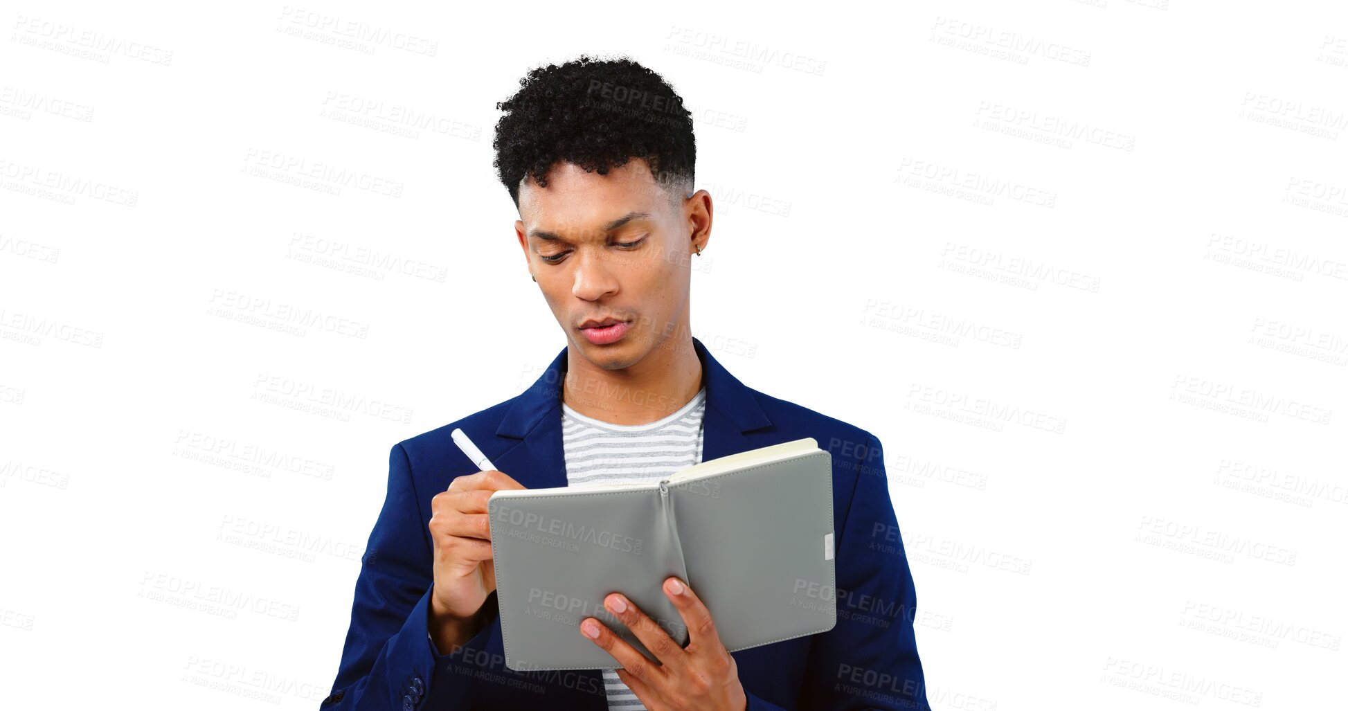 Buy stock photo Businessman, writing and planning in notebook with schedule in transparent, isolated or png background. Research, notes and problem solving with project, knowledge and information in journal