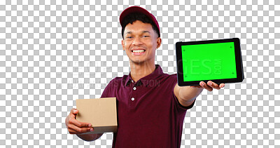 Buy stock photo Courier man, tablet and green screen in portrait for mockup space, isolated and transparent png background. Supply chain expert, cardboard package and smile for app promo, male person and marketing