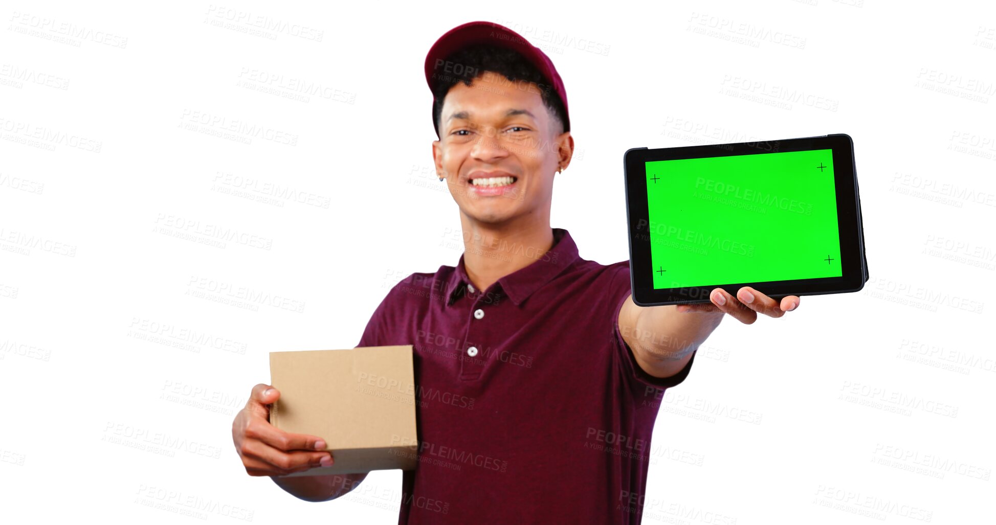 Buy stock photo Courier man, tablet and green screen in portrait for mockup space, isolated and transparent png background. Supply chain expert, cardboard package and smile for app promo, male person and marketing