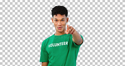Buy stock photo Volunteer, charity and portrait of man with hand pointing for selection, choice or vote for community service. Opportunity, invitation and male person on isolated, transparent and png background