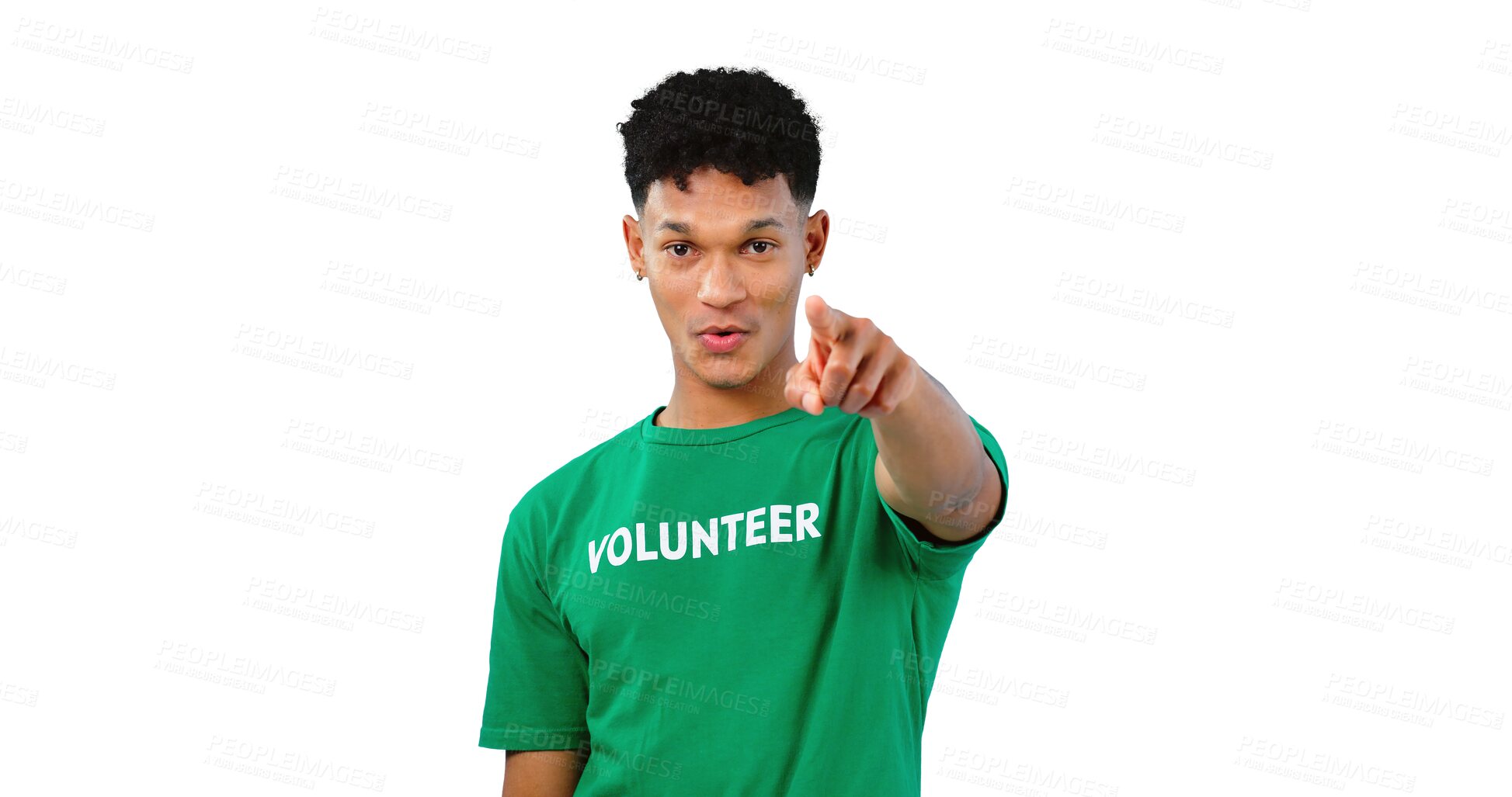 Buy stock photo Volunteer, charity and portrait of man with hand pointing for selection, choice or vote for community service. Opportunity, invitation and male person on isolated, transparent and png background
