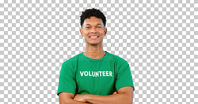 Buy stock photo Man, volunteer and portrait or non profit charity or outreach project or social responsibility, community service or help. Male person, ngo or isolated transparent png background, climate or campaign