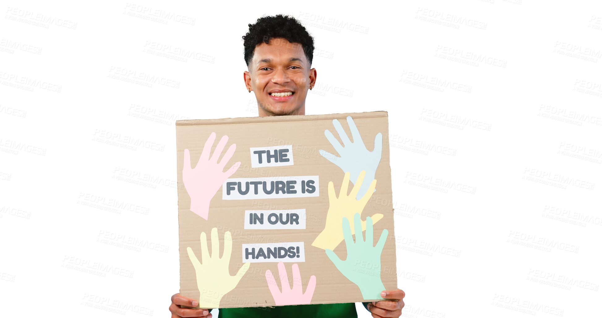 Buy stock photo Man, portrait and protest poster for future climate change or accountability for pollution, global warming or recycle. Volunteer, non profit and isolated transparent png background, sign or banner