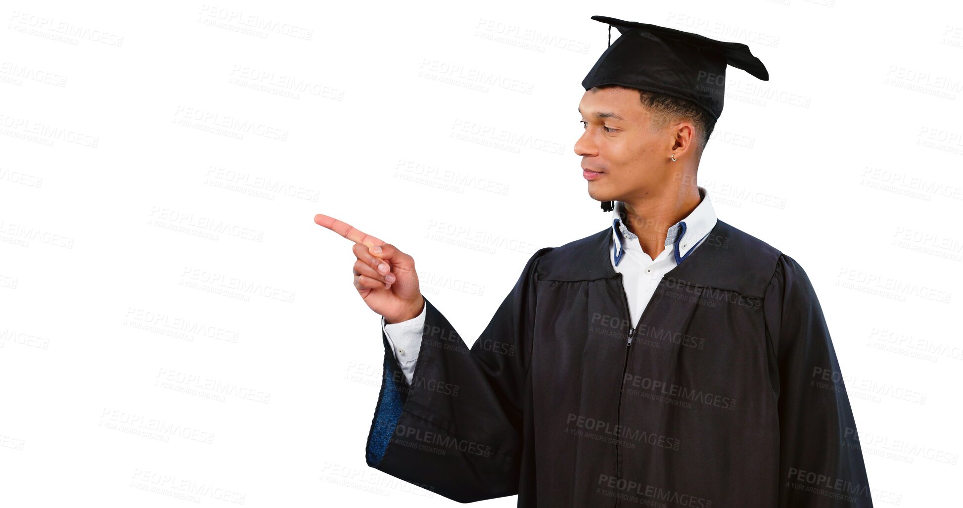 Buy stock photo Education, graduation and student pointing to marketing isolated on transparent, png background. Man, university or college graduate showing advertising for scholarship, development or opportunity