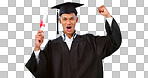 Graduation, man and celebration of certificate in education, college or university success isolated on a blue background. Portrait, african graduate and yes of award, diploma or achievement in studio