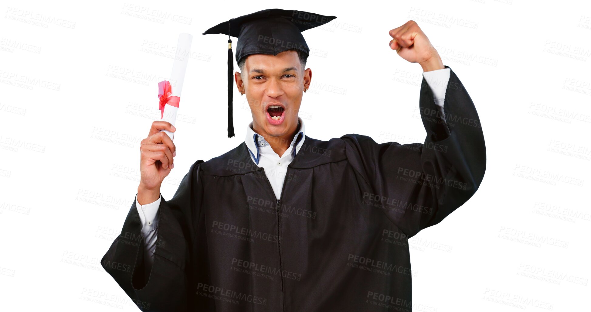 Buy stock photo Portrait of happy man, graduation or certificate celebration for education, college or university success. Transparent png background, excited student or isolated graduate with diploma or achievement