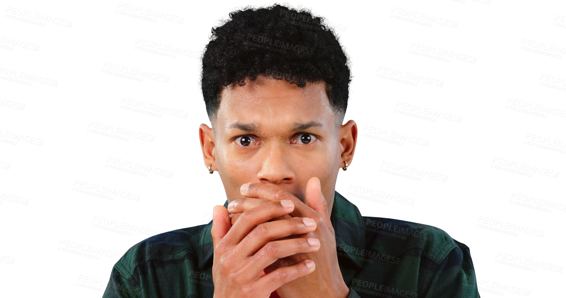 Buy stock photo Wow, surprise and man in portrait, fear and info or isolated on transparent png background. Omg, gossip and male person in shock for drama, announcement and secret or confession, scared and horror