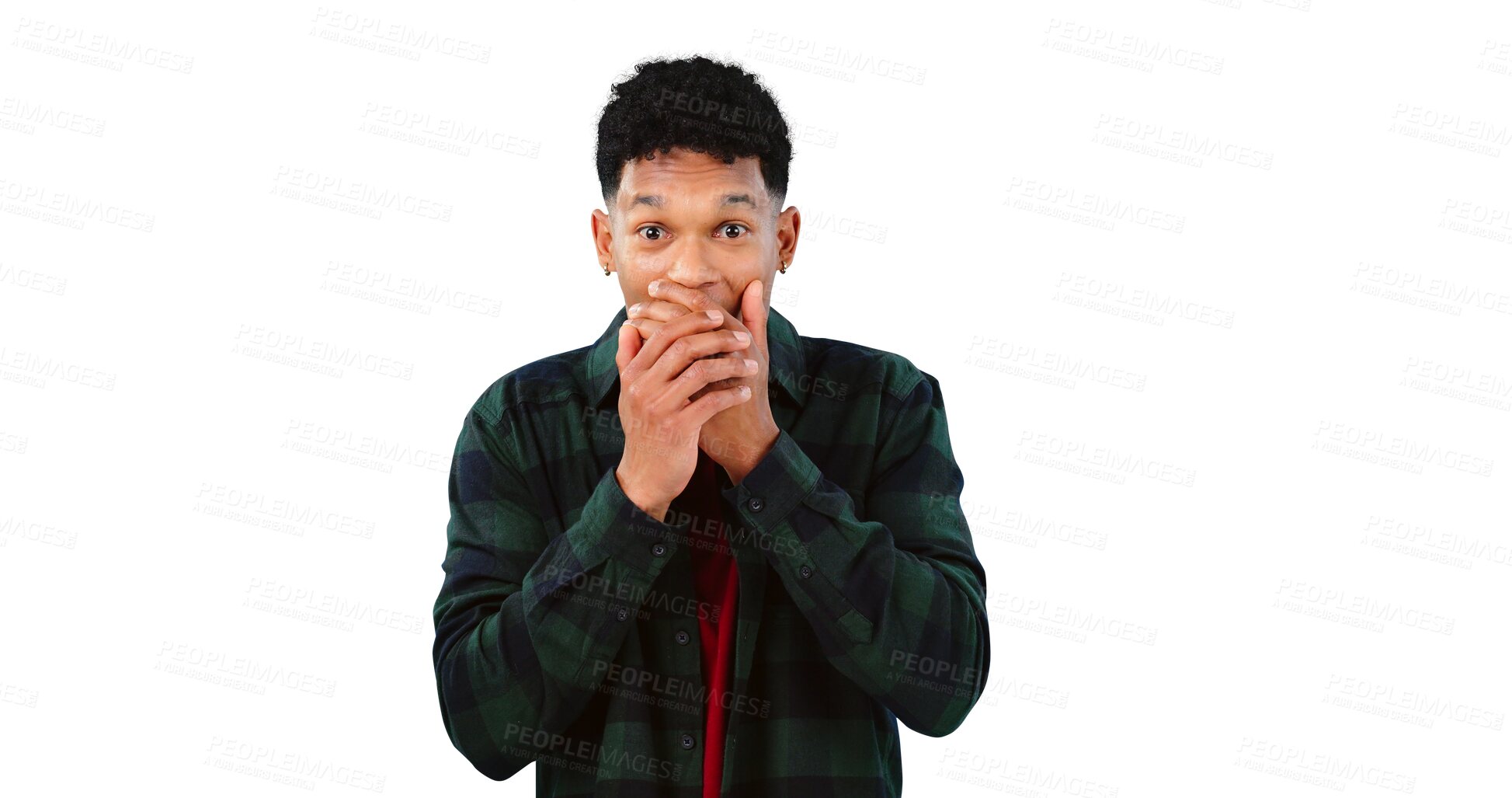 Buy stock photo Wow, surprise and man with information, portrait and isolated on transparent png background. Omg, gossip and male person in shock for drama, announcement and secret or deal, giveaway and promotion