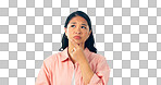 Thinking, confused and asian woman in studio for brainstorming,