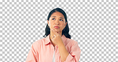 Buy stock photo Thinking, doubt and confused woman planning, problem solving or decision isolated on a transparent png background. Idea, choice and serious Asian person with vision, brainstorming or remember memory