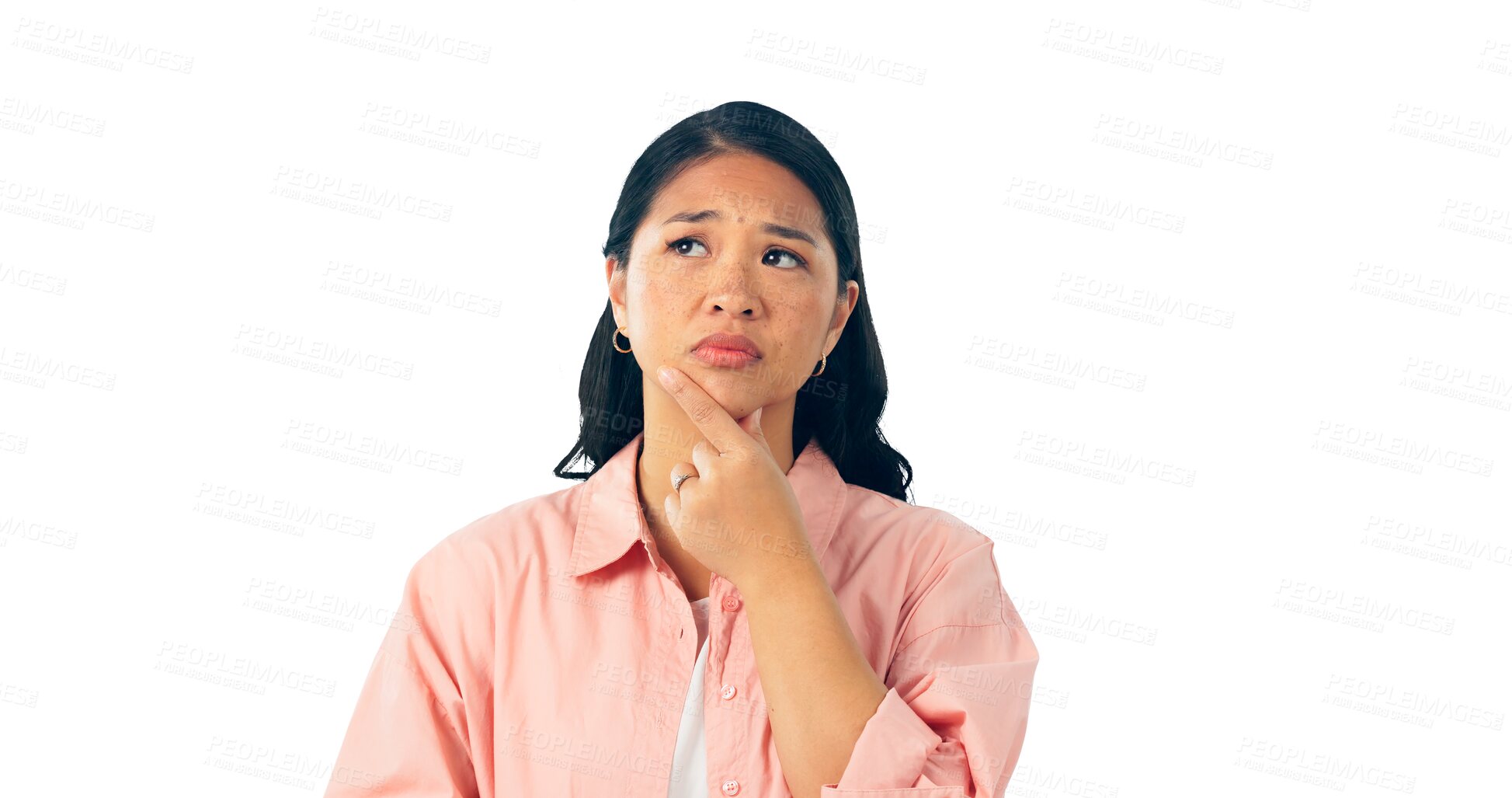 Buy stock photo Thinking, doubt and confused woman planning, problem solving or decision isolated on a transparent png background. Idea, choice and serious Asian person with vision, brainstorming or remember memory