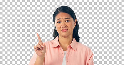 Buy stock photo Portrait, hand pointing or model with no finger for warning information, wrong or opinion of decision. Japanese 
woman, face and protest emoji for mistake and isolated on a transparent png background