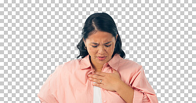 Buy stock photo Chest, hand and woman with pain for heart attack, anxiety or breathing problem. Sick, heartburn and Asian female person with stress for indigestion on isolated, transparent and png background