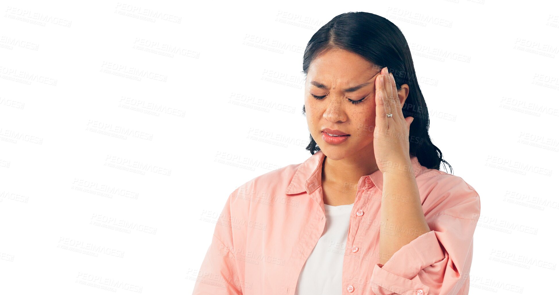 Buy stock photo Woman, headache and hand with stress pain or vertigo migraine for burnout, dizzy or brain fog. Female person, sore and temple or isolated transparent png background for overthinking, anxiety or worry