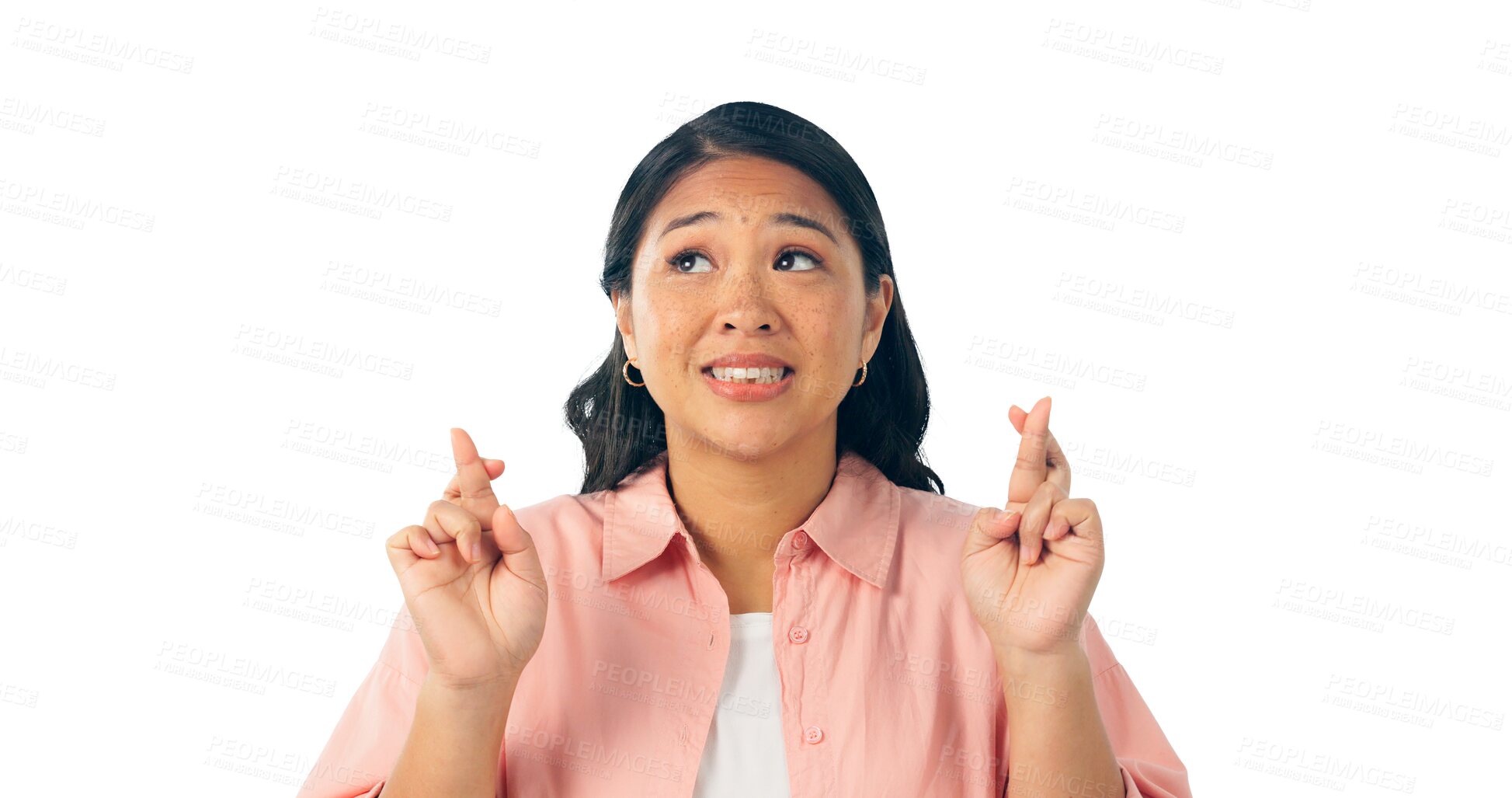 Buy stock photo Hope, excited and woman with fingers crossed, winning and faith with wish for giveaway. Person, girl and model with hand gesture, emoji and optimism isolated on a transparent, png background
