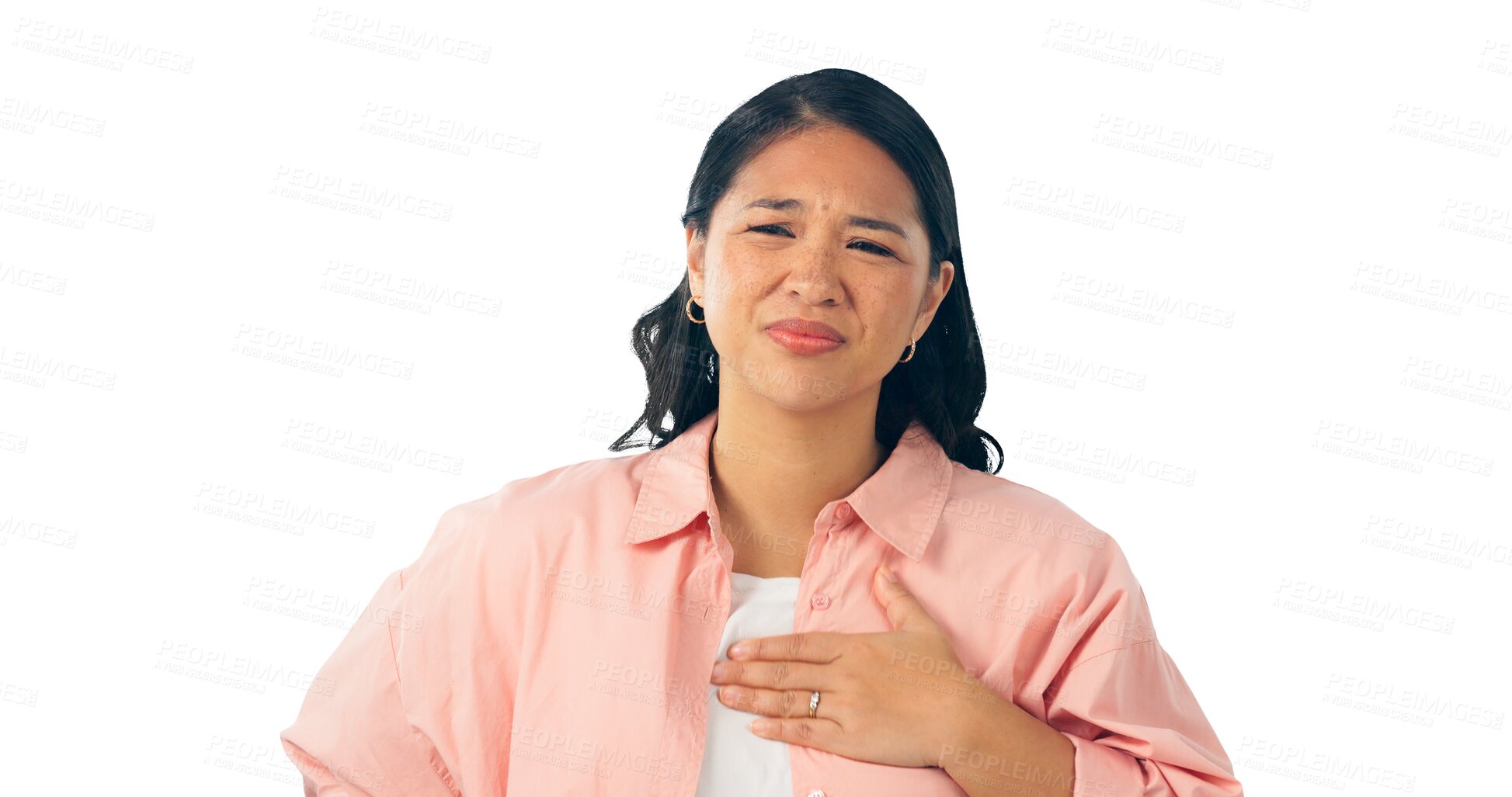 Buy stock photo Cardiology, emergency and woman with chest pain or healthcare in transparent or png background. Cardiovascular, crisis and person with asthma problem in lungs, breathing or indigestion acid reflux