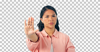 Buy stock photo Stop, hand and portrait of woman thats isolated, transparent and png background studio with warning. Protest, palm and face of frustrated, Japanese female model and angry for protection order