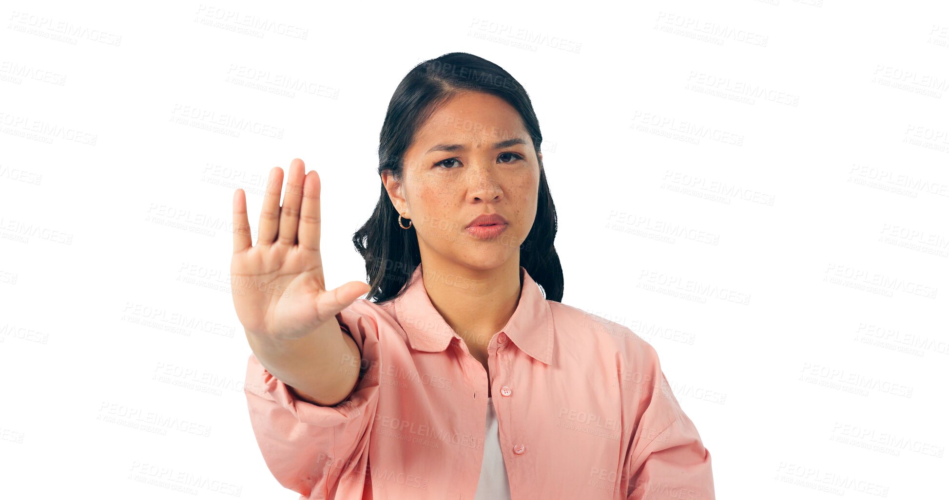 Buy stock photo Stop, hand and portrait of woman thats isolated, transparent and png background studio with warning. Protest, palm and face of frustrated, Japanese female model and angry for protection order