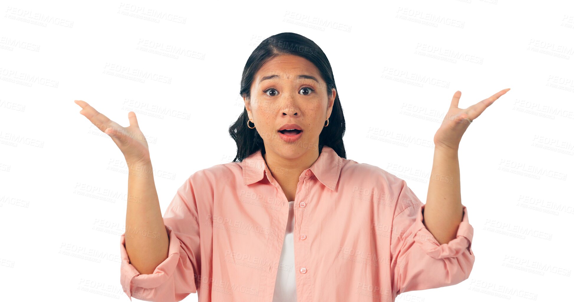 Buy stock photo Wow, surprise or portrait of woman with why hands for news or announcement. Shocked and face Japanese model with emoji gesture for wtf, mind blown or info isolated on a transparent, png background