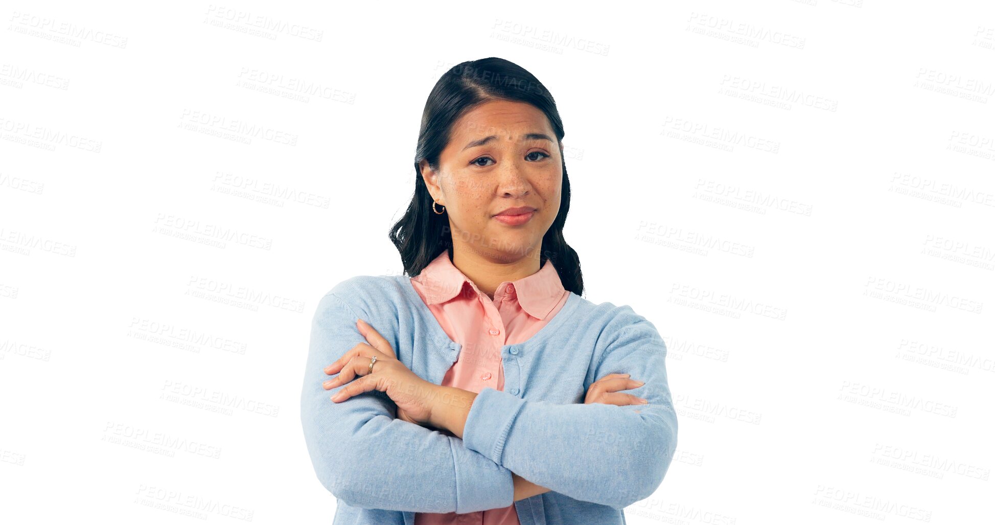 Buy stock photo Woman, portrait and attitude with arms crossed or annoyed for rejection conflict, moody or negative. Asian person, face and emoji expression or isolated transparent png background, problem or trouble