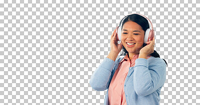 Buy stock photo Headphones, happy woman and listening to music playlist with podcast for entertainment. Asian person, smile and relax to stream a song, radio subscription and isolated on transparent png background