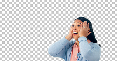 Buy stock photo Happy woman, thinking and excited for news of winning prize, bonus and announcement of lotto. Asian model, surprise gesture and celebrating a job promotion and isolated on transparent png background