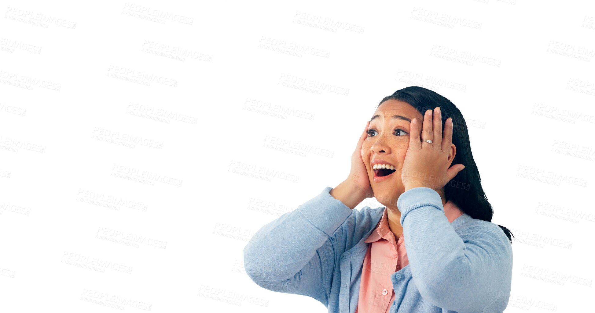 Buy stock photo Happy woman, thinking and excited for news of winning prize, bonus and announcement of lotto. Asian model, surprise gesture and celebrating a job promotion and isolated on transparent png background