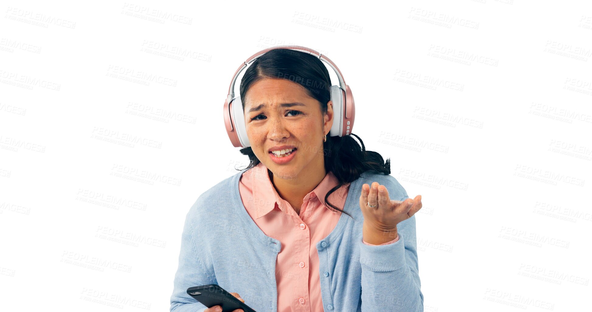 Buy stock photo Asian woman, portrait and confused with smartphone, headphones for music with why question. Japanese girl, streaming audio playlist and podcast in Japan with png, isolated and transparent background