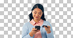 Woman, phone and credit card for online shopping, e commerce and digital money on a white background. Happy asian person, user experience and mobile app with internet banking or debit order in studio