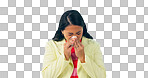 Sinusitis, allergy and sick woman with healthcare in studio, mockup space or white background. Bacteria, infection or person with flu, virus or medical symptoms of covid, cold or employee sneezing