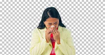 Buy stock photo Allergy, sneeze and sick woman with healthcare for virus in transparent, isolated or png background. Bacteria, infection or person with flu, tissue or employee with medical symptoms of covid