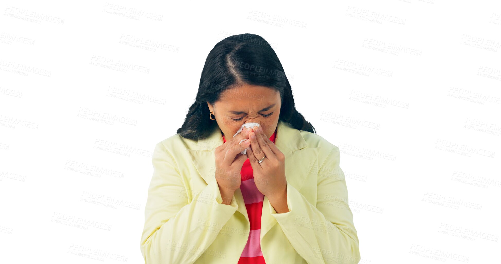 Buy stock photo Allergy, sneeze and sick woman with healthcare for virus in transparent, isolated or png background. Bacteria, infection or person with flu, tissue or employee with medical symptoms of covid